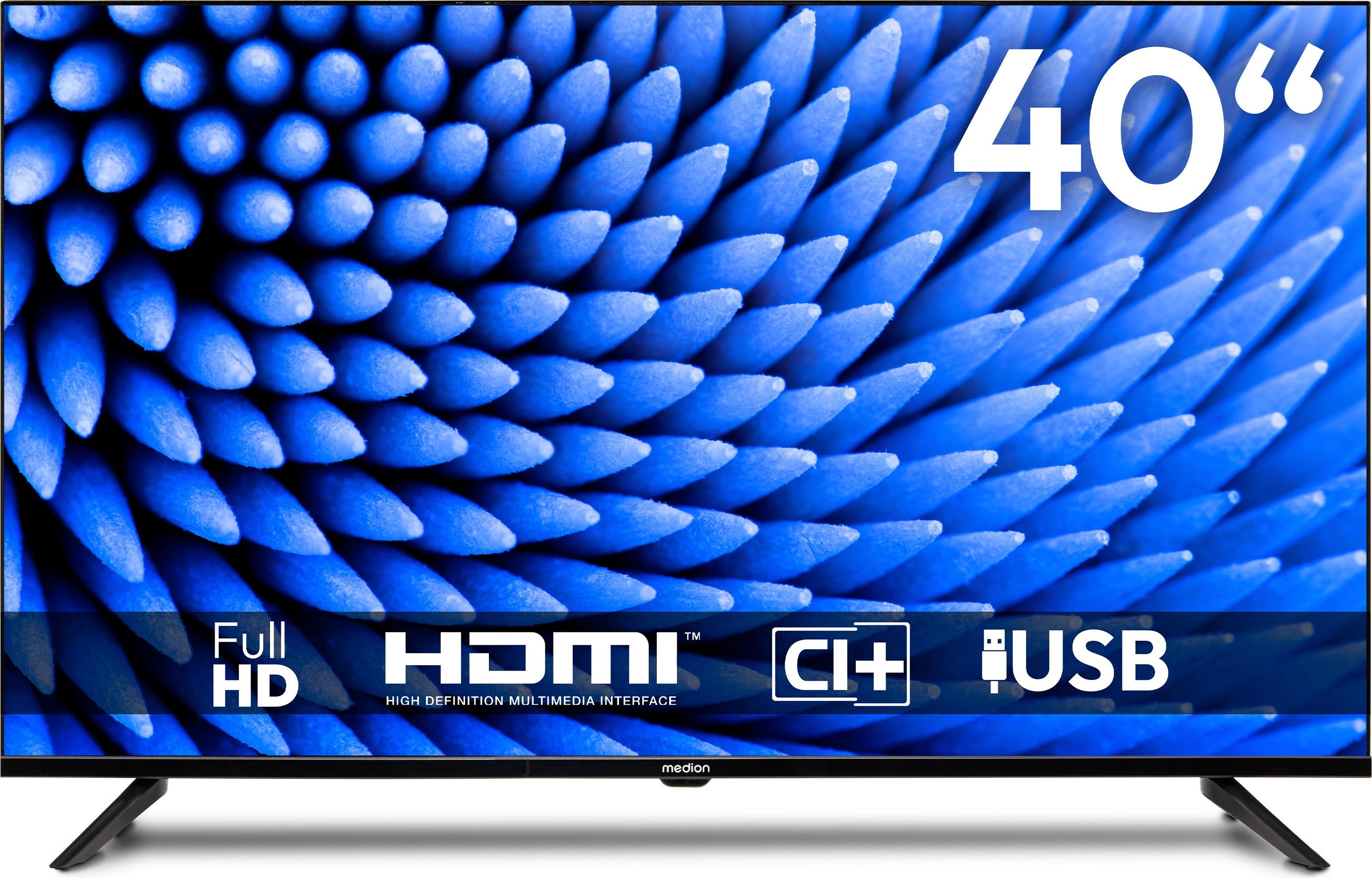 MEDION 100,3 cm (40 Zoll) Full HD Fernseher (Triple Tuner Receiver DVB-T2 DVB-C DVB-S2, 2 x HDMI, USB, Sleeptimer, Mediaplayer, VESA, CI+, MD 840000)