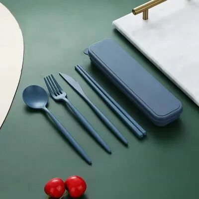 KitchenNation Wheat Straw Tableware Set, Portable Plastic Dinnerware, Knives, Forks, Spoons, Chopsticks, New Portuguese Design blue