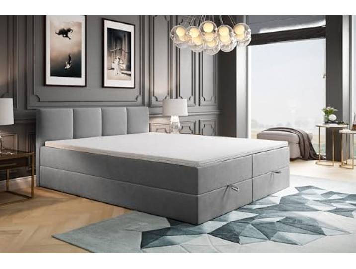TRADA Boxspringbett 160x200 cm mit Bettkasten & Bonellmatratze, Grau Modell ROYAL, Elegant Bett mit Topper