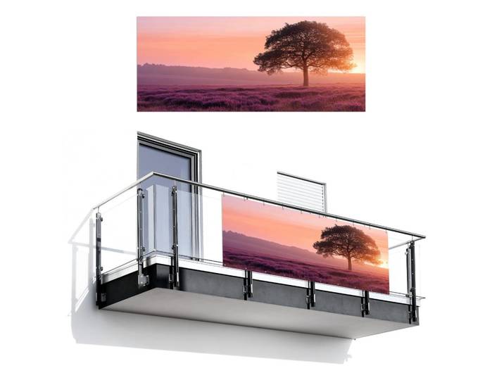 MuchoWow Balkon-Sichtschutz Baum - Heidekraut - Sonnenaufgang, Flieder, Kunststoff, Rechteckig, 300x130 cm, Sonnenschutz, Sichtschutz
