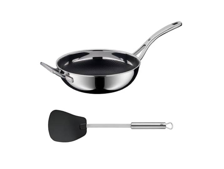 WMF Set 2-teilig Profi Resist Wokpfanne 28 cm, Wokpfanne Induktion, Mehrschichtmaterial vollbeschichtet, Wok Induktion, backofenfest und Profi Plus Wender Kunststoff 36,2 cm, Pfannenwender
