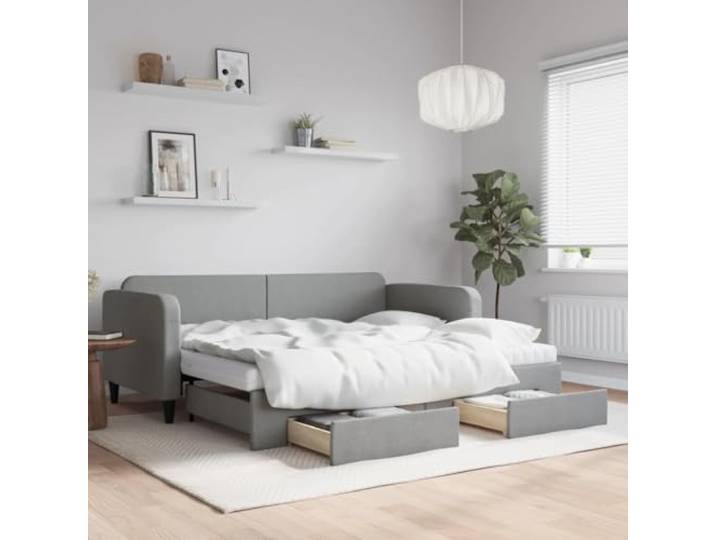 KFPOERTFGD Tagesbett Ausziehbar mit Schubladen 90x200 cm, Schlafsofa Hellgrau aus Stoff, Gästebett mit Rollkasten und Schaumstoffmatratzen