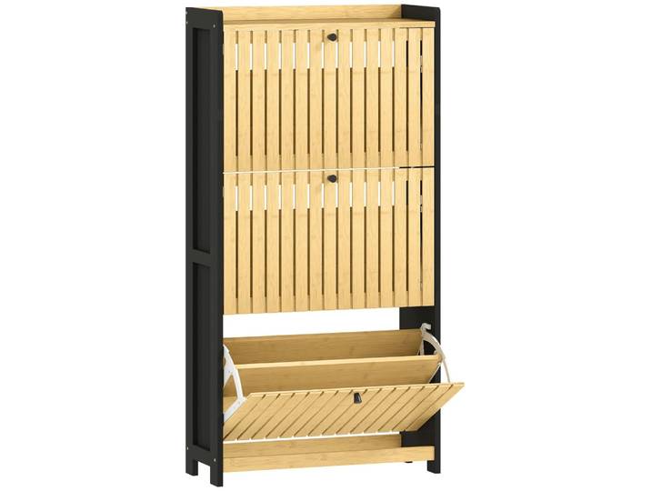 Meuble à chaussures 3 tiroirs rabattables portes en bambou à lattes