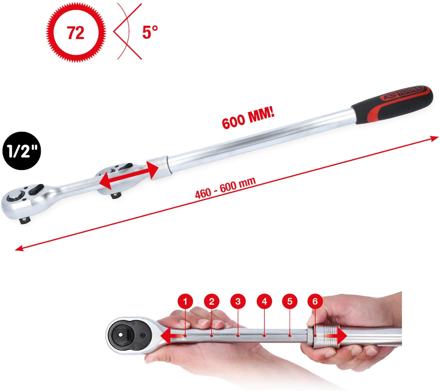 KS Tools 1/2" Teleskop-Umschaltknarre, extra lang, 72-Zahn (914.1205)