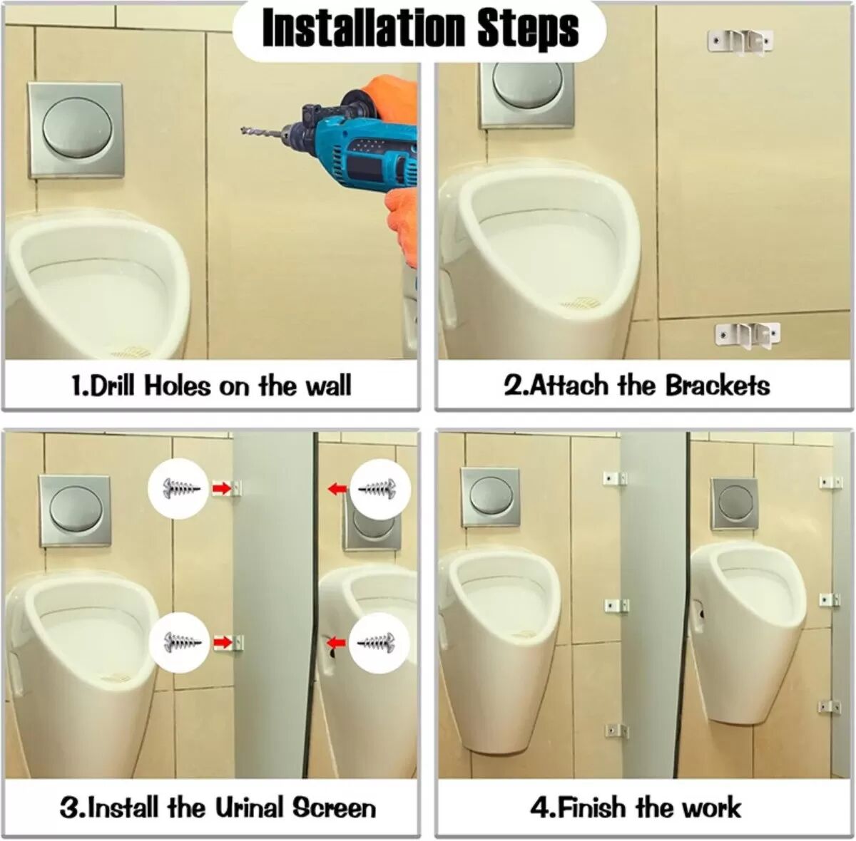 INF 4 Stück Silber Carbon Stahl Urinal Trennwandhalterung - Stabile und sichere Unterstützung