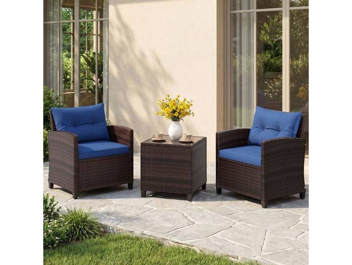 Ensemble Table et Chaises de Jardin 3 Pièces COSTWAY Chaises en Rotin PE Plateau en Verre Trempé Coussins Amovibles Marine