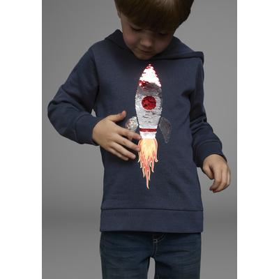 Kapuzensweatshirt KIDSWORLD "Rakete - Wendepaillette", Jungen, Gr. 104/110, blau (marine), Sweatware, Obermaterial: 100% Baumwolle, Glitzermuster, unifarben, Basic, Rippbündchen, Sweatshirts, lange Ärmel, Basic-Passform, aus Baumwolle, mit Rippbündchen