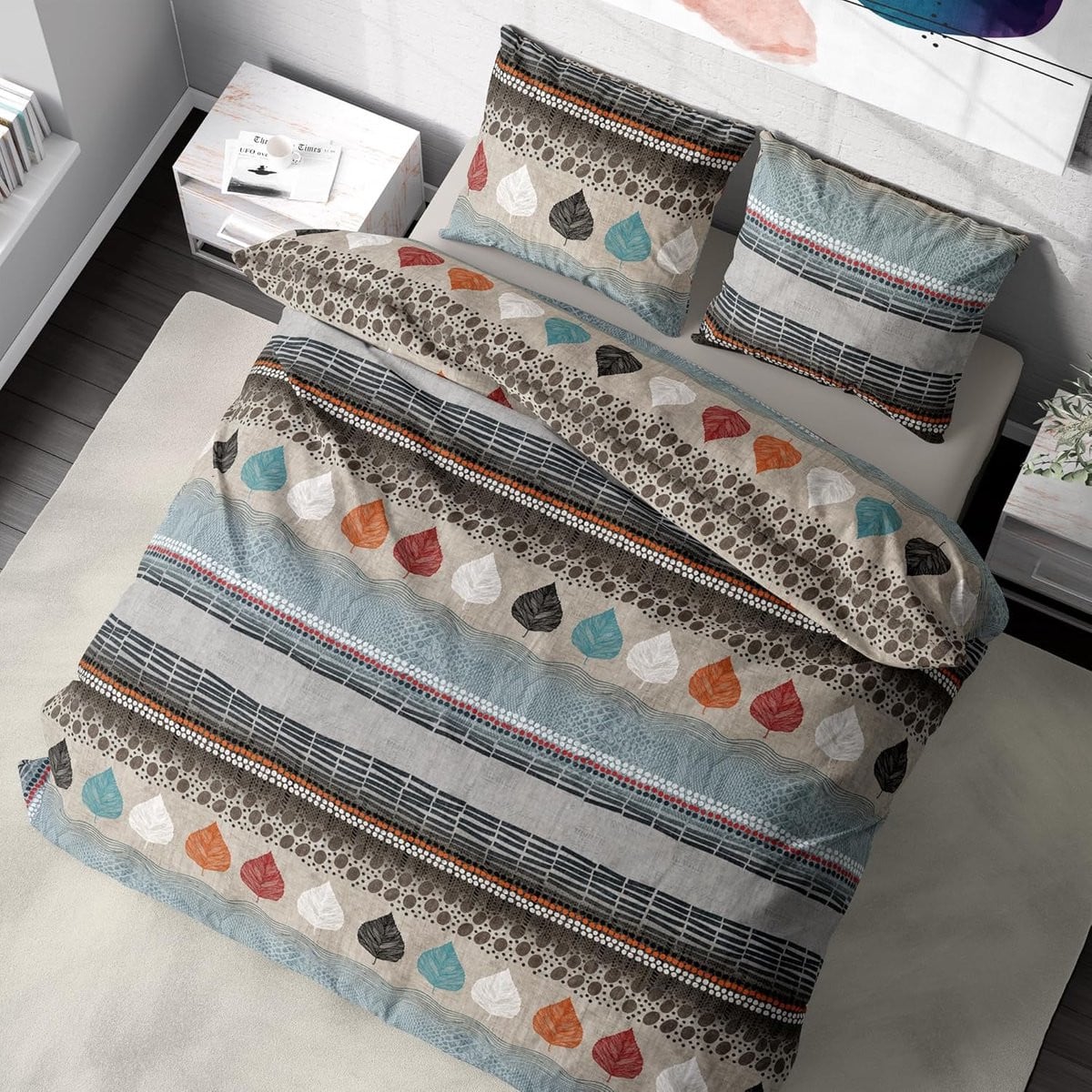 3-delige Premium Bedlinnen Set van 100% Katoen, Bruin en Blauw, 200 x 200 cm