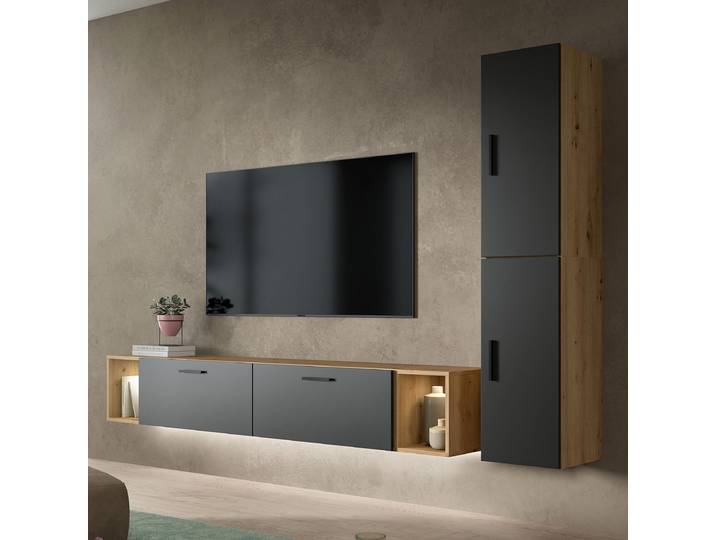 Wohnkombination The One A Spanplatte, beschichtet Braun/Grau/Anthrazit/Eiche Artisan Dekor 259 x 182 x 34cm mit Beleuchtung