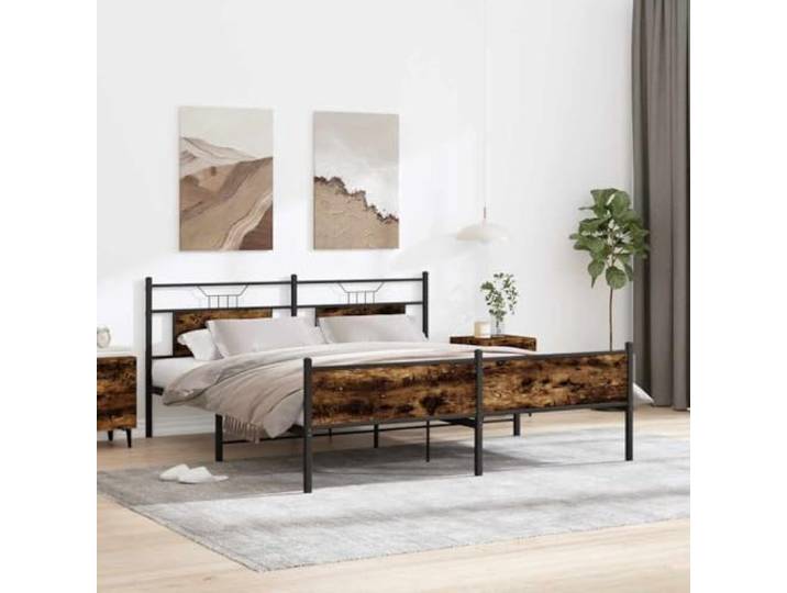 Stahlgestell Stabil Langlebig Schlafzimmer Lattenrost 183x213 cm Braun Metallbett ohne Matratze Räuchereiche 183x213 cm Stabiler Bettrahmen mit Lattenrost Stauraum