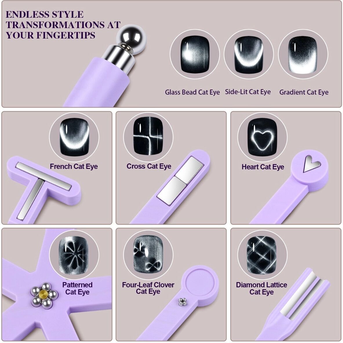 INF Outil Aimant Cat Eye 8-en-1 - Aimant Puissant pour Effets Cat Eye Rapides, Construction ABS x Aimant, Plusieurs Couleurs Violet
