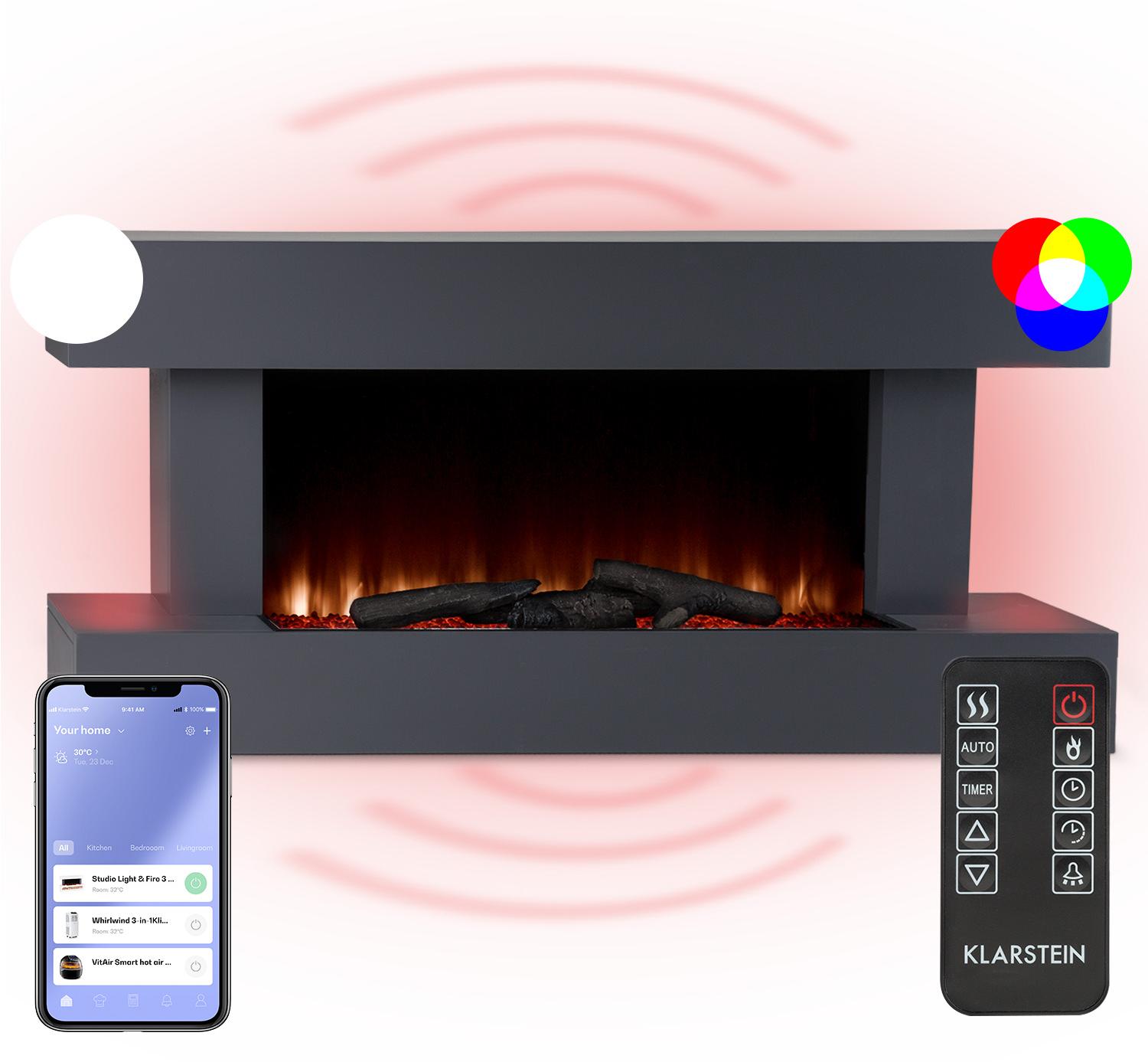 Klarstein Deko Kamin mit LED-Flammen, Elektro Kamin mit Heizung, 2000W Elektrischer Kamin, Sparsamer Kamin Elektrisch, Wandkamin mit Fernbedienung & Timer, Elektrische Kamine mit MDF-Gehäuse