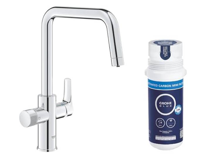 GROHE Blue Pure Start - Starter Set mit Mini Aktivkohlefilter (U-Auslauf, 150° schwenkbar, separater Griff für gefiltertes Wasser), chrom, 30596000