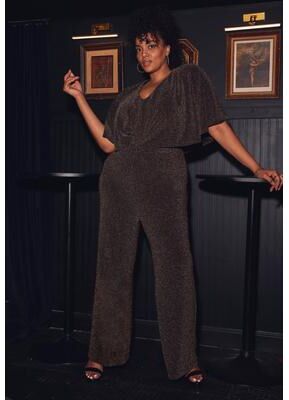 Plus Size Women's Twist Cape Metallic Jumpsuit by Avenue in Gold Metallic Shimmer (Size 18)