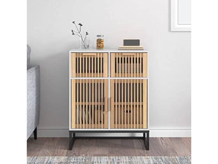KGHFDVB Sideboard Weiß 60x30x75 cm Holzwerkstoff Mit Türen und Schubladen, Stabiles Eisengestell, Viel Stauraum, Für Wohnzimmer und Flur