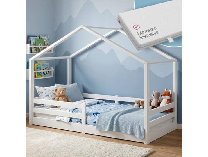 Bellabino Abia Bodenbett 90x200 cm, Weiß, Matratze, aus Kiefer Massivholz Montessori Kinderbett mit Rausfallschutz & Lattenrost, für Jungen & Mädchen, Holzbett, Kinderbettgestell, Kinderzimmermöbel