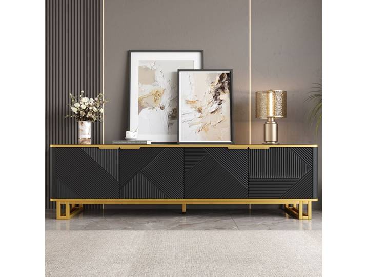 Meuble TV - 4 portes - Design géométrique - Noir - 160 x 37.5 x 48 cm