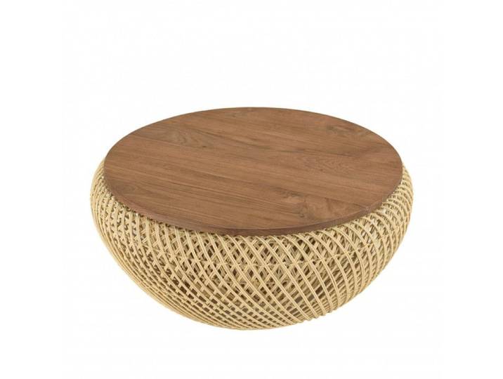 MACABANE SIXTINE - Table basse ronde diam68 plateau bois teck recyclé rotin beige