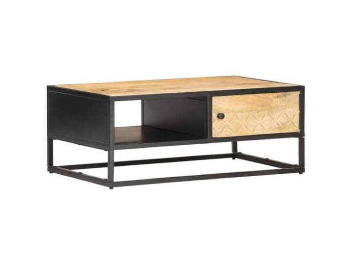 HEFZGDB Industrieller Couchtisch mit Geschnitzter Tür aus Rahem Mangoholz 90x55x36 cm, Handgefertigter Vintage Beistelltisch mit Stabilem Eisenrahmen und Stauraum