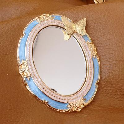 Fusion Finds Vintage Handheld Mirror With Antique Gold Relief Frame, Folding Portable Makeup Mirror For Travel & Vanity butterfly blue
