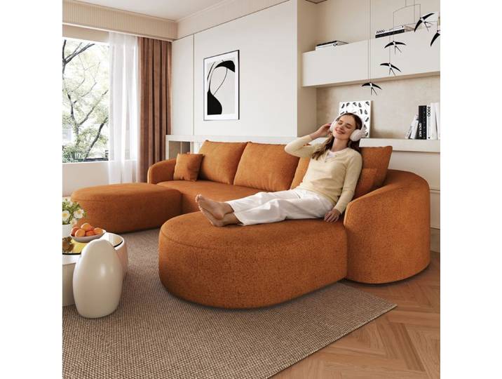 WOVREO Canapé compressé modulable en U 266 cm 4 places tissu chenille orange