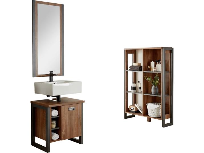 Badmöbel-Set HOME AFFAIRE Detroit, Bad im Industrialdesign, 3-teiliges Badezimmer , gelb (eiche honigfarben dekor, schiefer, nachbildung), Kastenmöbel-Sets, Badmöbel-Set, Unterschrank, Regal & Spiegel, holzfarben, offene Fächer & Stauraum