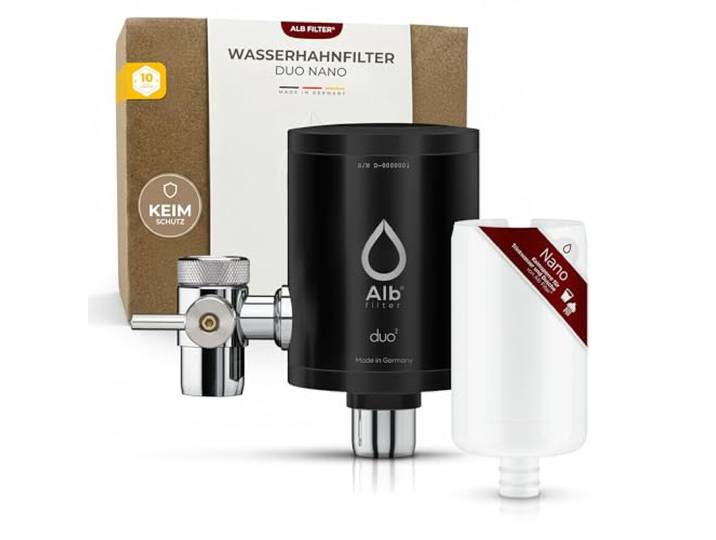 Alb Filter DUO NANO Wasserfilter Wasserhahn Edelstahl Schwarz Zertifizierte Keimsperre bis 0,1 µm gegen Legionellen & Bakterien, Trinkwasserfilter Küche, Made in Germany