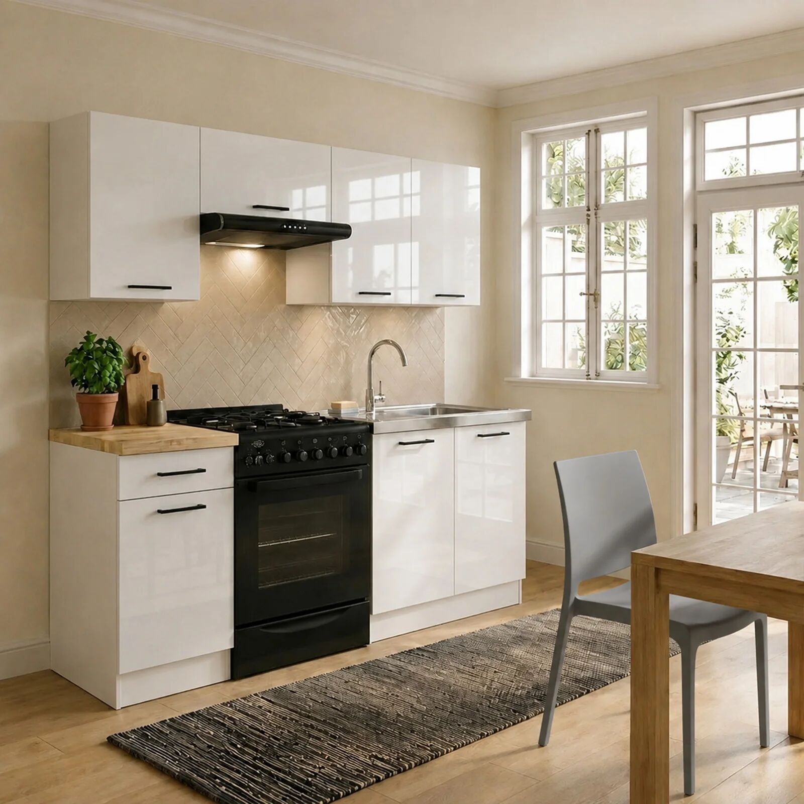 garneroarredamenti Cucina lineare 180cm completa componibile bianco lucido rovere Mediterraneo