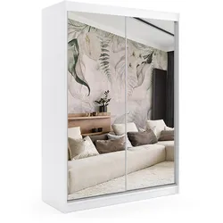 KLEIDERSCHRANK mit Spiegel-Schiebetüren und Aluminium-Leisten, LED-Beleuchtung - DEBI - 120 cm Weiß