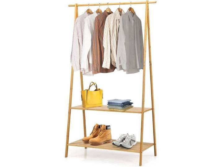 GOPLUS Penderie en Bambou Porte-vêtements sur Pieds avec 2 Étagères Tringle de Suspension Dispositif Anti-basculement