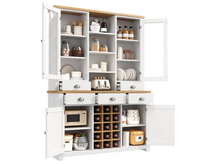 Evryae Buffet Multifunktionaler Küchenschrank mit Glastür, Weinregal & Kippsicherung Weiß Groß Holzwerkstoff, Glas, 9 Fächer, 4 Schubladen, Rechteckig, 120x185x40 cm, Esszimmer, Anrichten, Buffetschränke