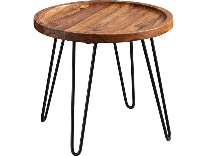 Wohnling Couchtisch Sheesham Massivholz Rund 45x40x45cm Haarnadelbeine Holz Metall