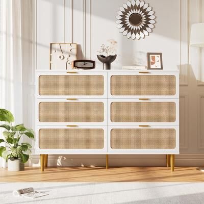 YUN Rattan 6 Drawer Dresser for Bedroom, Double Chest with Deep Drawers and Wide Top for Living Room, Hallway, or Closet