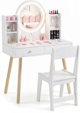 Costway Kids Vanity Set with Lighted Mirror and Storage Drawers-White