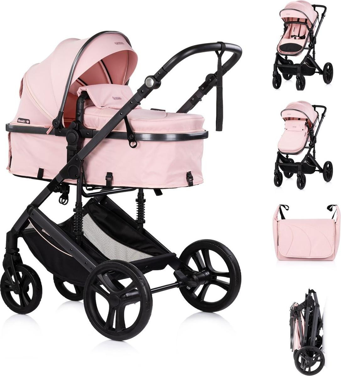 Chipolino kinderwagen 2-in-1 Amore met bekerhouder, luiertas, voetenzak en mand, roze/lichtroze