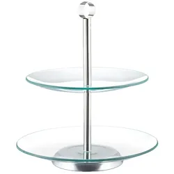 Relaxdays Etagere, 2-stöckig, rund, Cupcakes, Kekse, Snacks, Obst, Glas, Edelstahl, Servierständer, transparent/silber