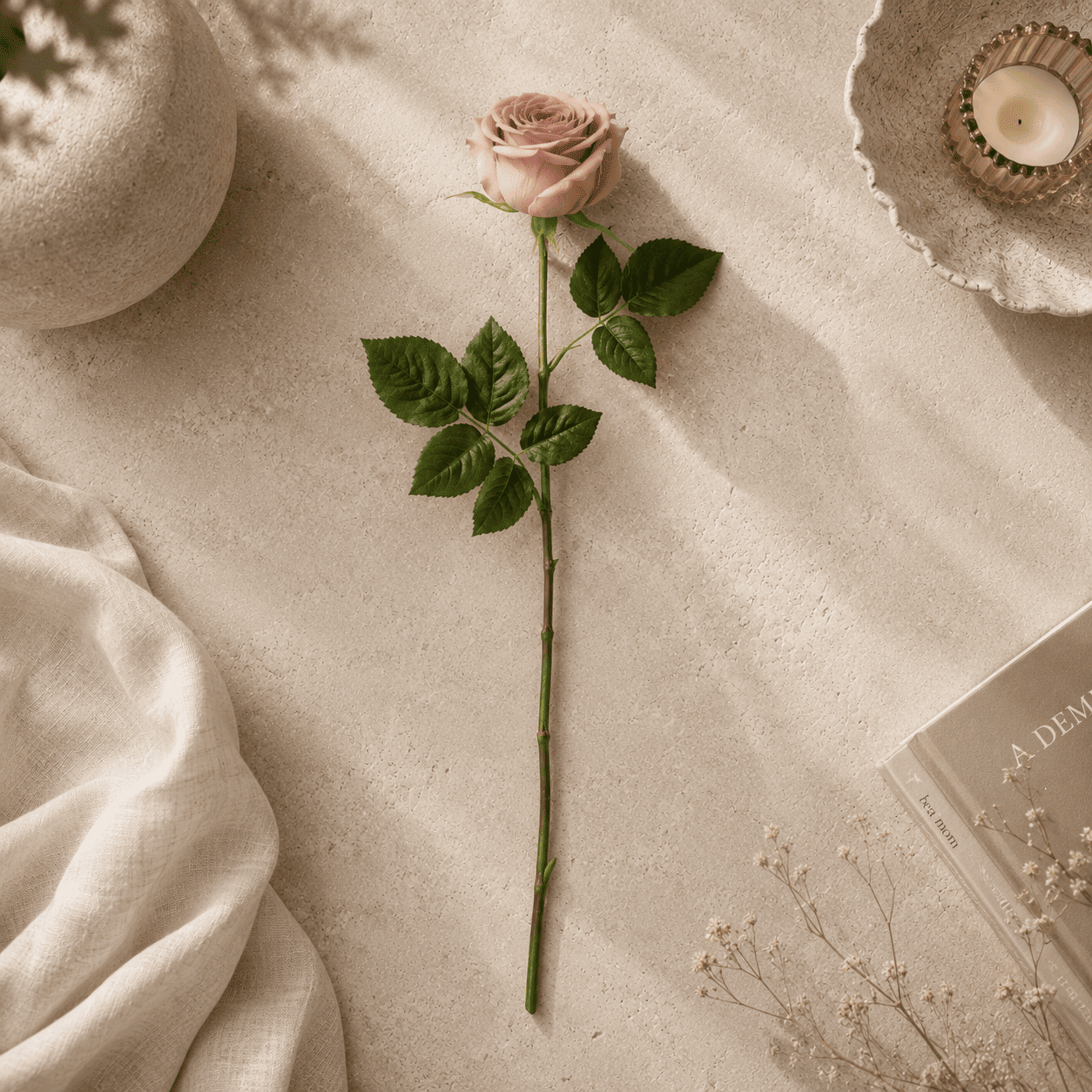 Faux Dusty Pink Rose Single Stem Floral