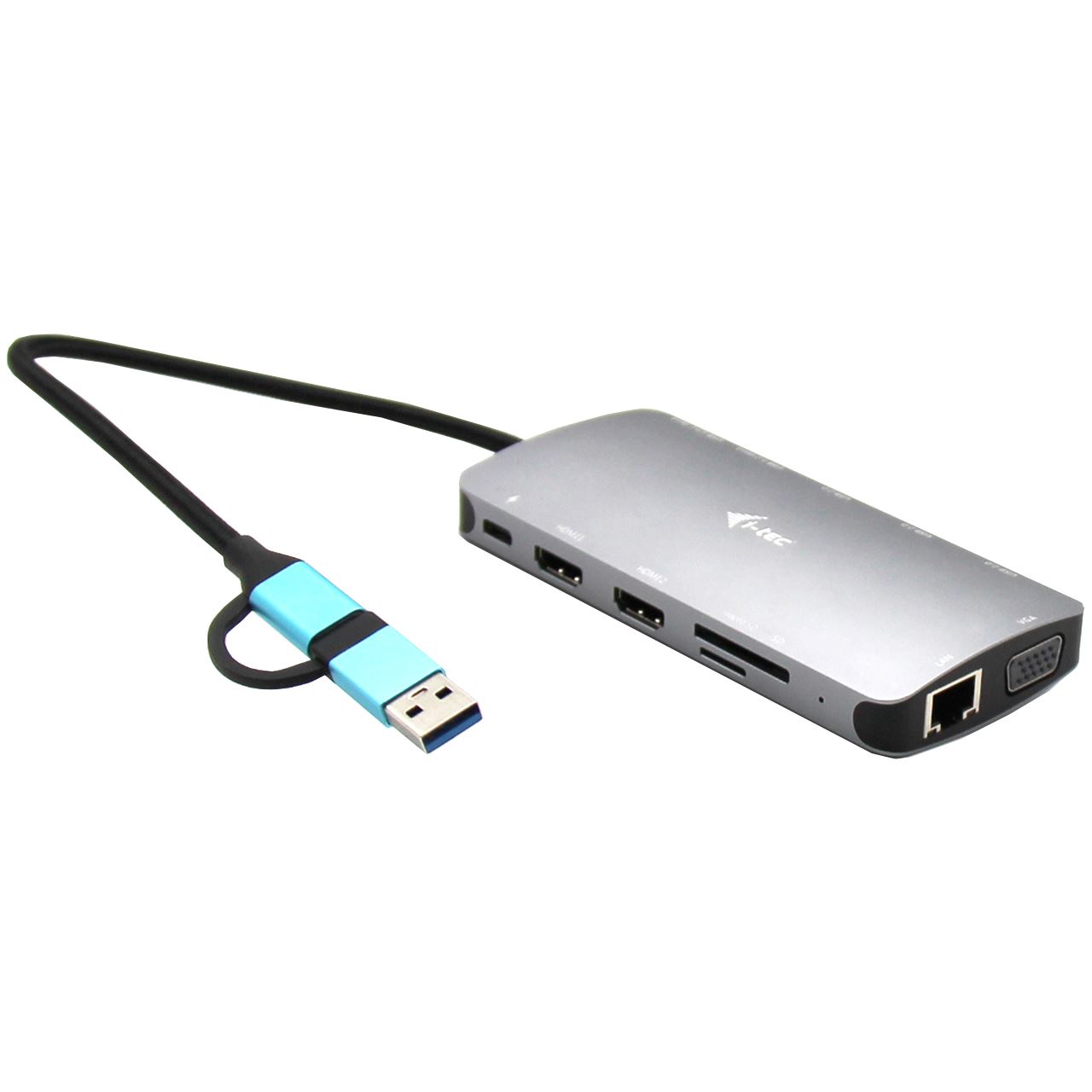 I-TEC USB-C Metal Nano Dock 2xHDMI 1xVGA 1xSD Kartenleser 1xmicroSD Kartenleser 1xGLAN 3xUSB 2.0 1xUSB 3.2 1xUSB-C3.2Data 1xUSB-C PD