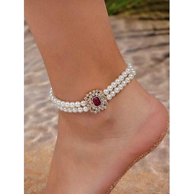 Elegantes, mehrfarbiges Perlen-Fußkettchen für Damen mit Kunstperlen und Kristallverzierungen, verstellbares Design, ideal für Strandhochzeiten, Sommerpartys, Brautmode und Urlaub.