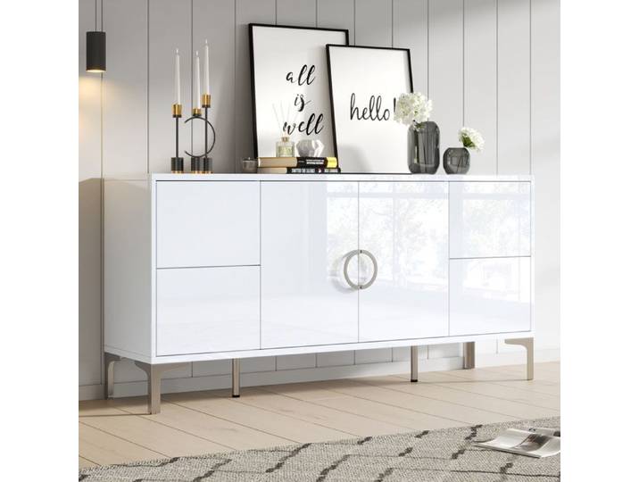 Buffet de salon brillant en MDF à 4 tiroirs 2 portes Pieds Métal larges Meuble de Rangement sans poignée 150 x 38 x 59 5cm blanc