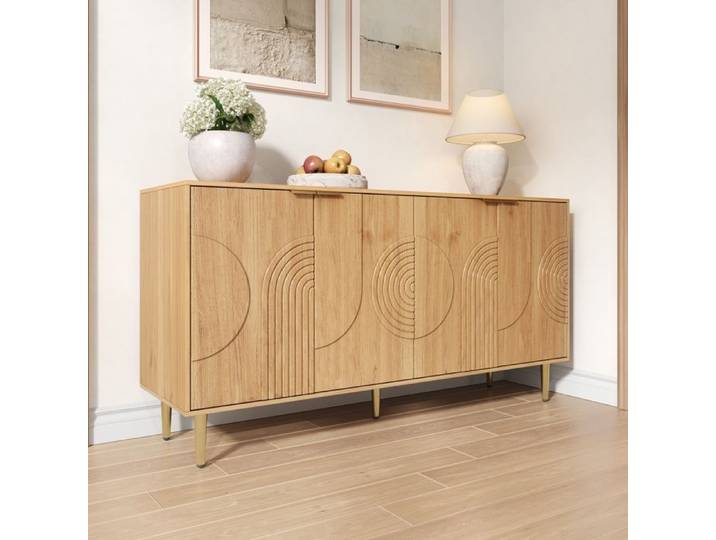 Buffet moderne - MODERNLUXE - 140x40x72 cm - 4 portes - Finition bois - Étagères réglables - Naturel