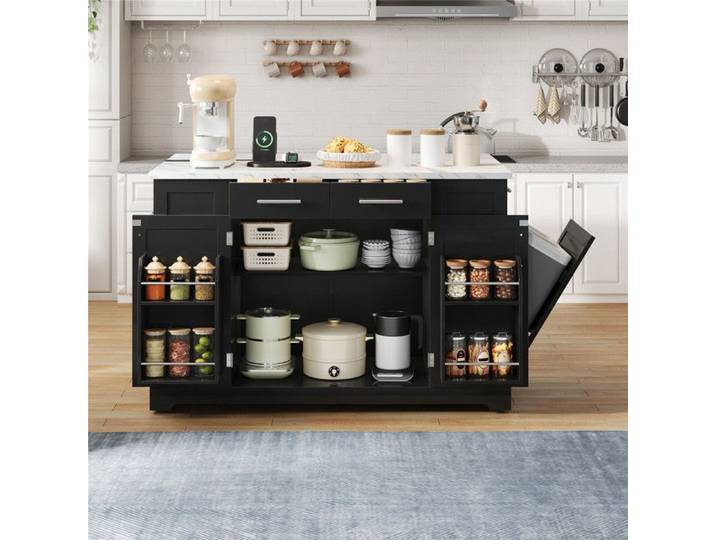 Îlot Cuisine Noir avec Plan Pliable Effet Marbre Prise et USB Compartiment Poubelle Meuble de Cuisine à Roulettes avec Rangement