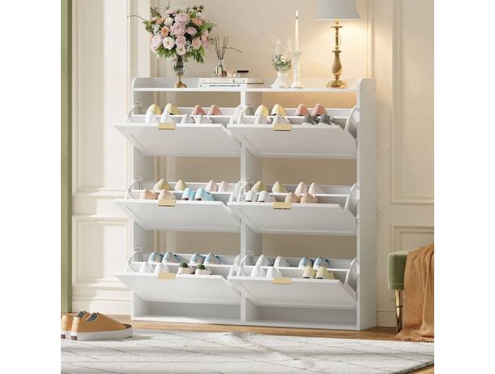 Meuble Chaussure Entrée étagère à Chaussures avec 6 Tiroirs Rabattables Armoire à Chaussure Moderne pour Couloir 120x23x118cm Blanc