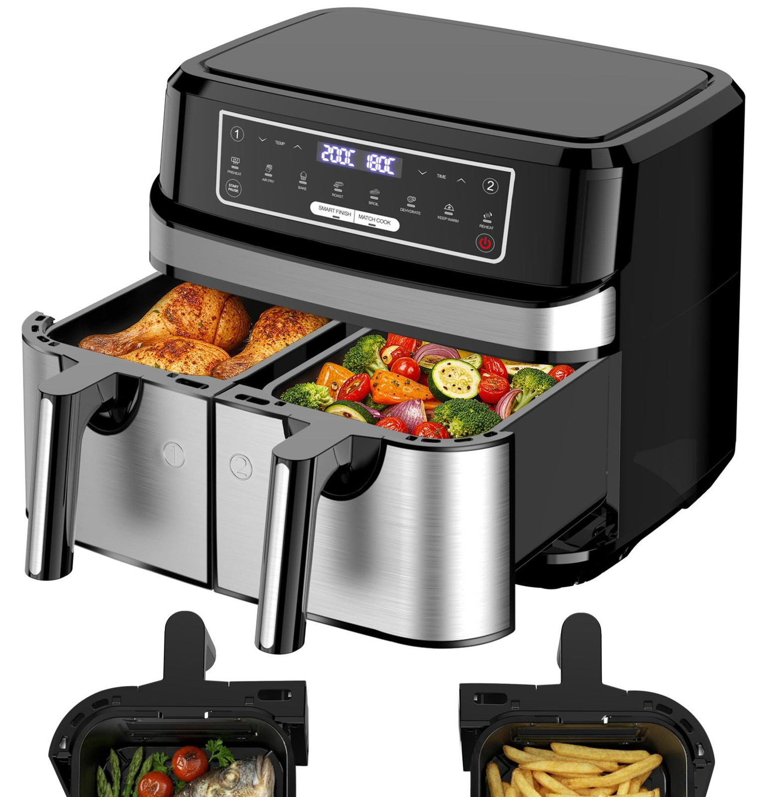 Dripio Heeteluchtfriteuse met 2 bakken van 4,5 liter, 9 liter, 2600 watt, touchscreen