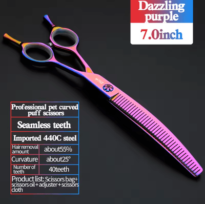 Inspire Picks Professional 7 Inch JP440C Pet Grooming Scissors Set With Curved & Fishbone Teeth Blades 7.0 Purple Fluffy