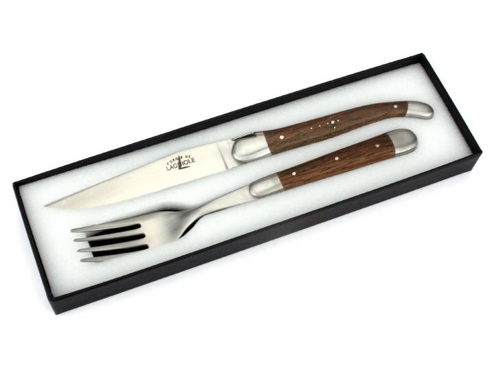 Forge de Laguiole Steakbesteck TF 2M IN CHFC SAT, 1 Messer / 1 Gabel - Griff fossile Mooreiche - Stahl satiniert