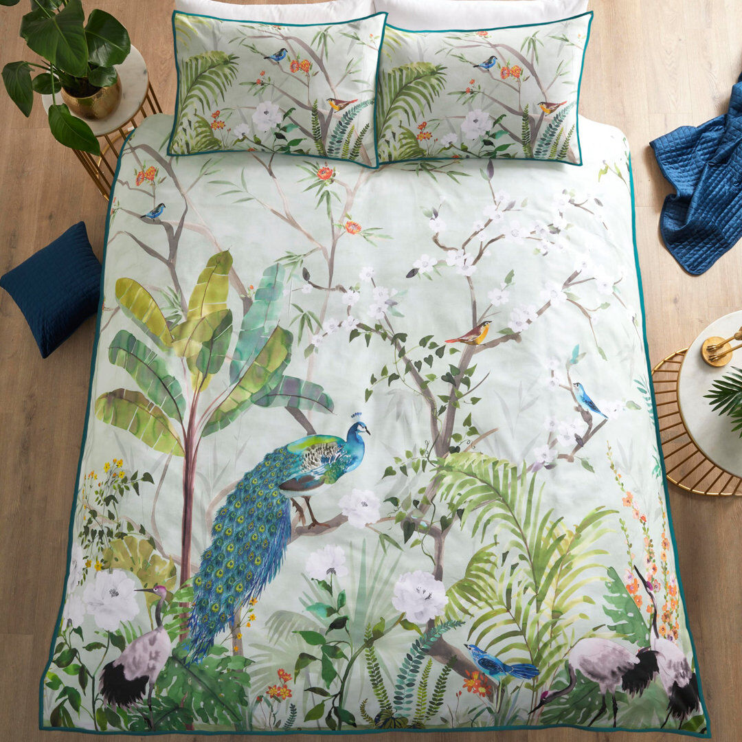 Soiree Peacock Jungle Cotton No Pattern Duvet Cover Set with Pillowcases Included Green/White Double - 2 Standard Pillowcases