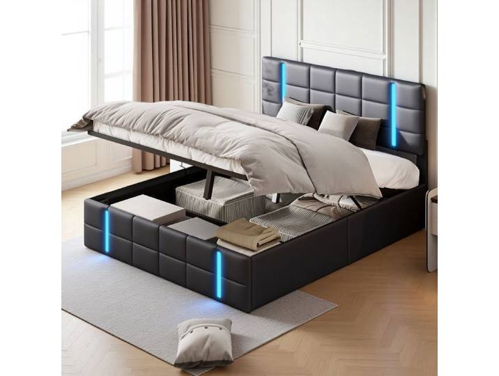 Lit Double - structure de lit - RWUDV - 140 x 200 CM - LED - USB - tete de lit 140 - Cadre de Lit - lit 140x200 - sommier - PU noir