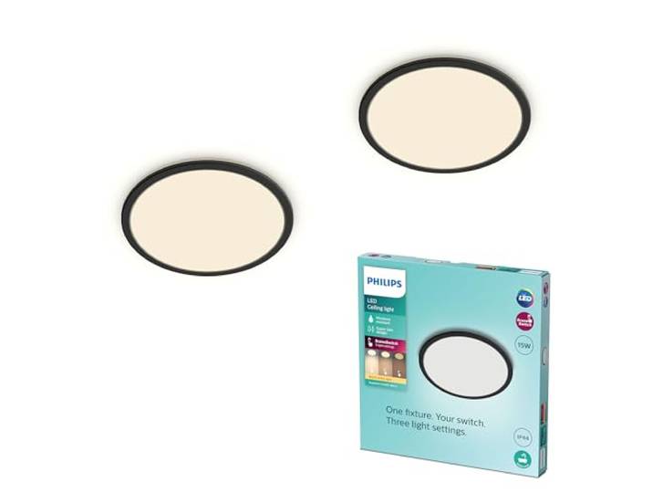 Philips LED Badezimmer Deckenleuchte Superslim (15 W), 3 Lichteinstellungen, warmweißes Licht, dimmen ohne Dimmer, IP44 Schutz, schwarz, 25cm, 2er Pack