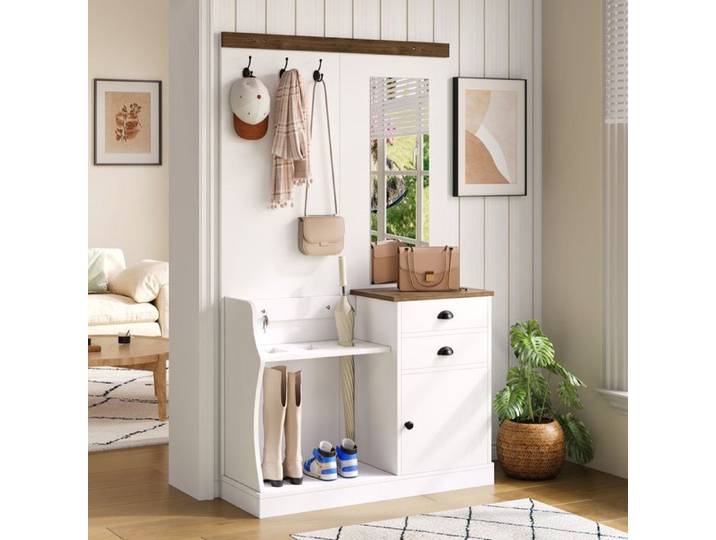 Vestiaire d'entrée moderne - Miroir intégré - 1 porte - 2 tiroirs - Blanc